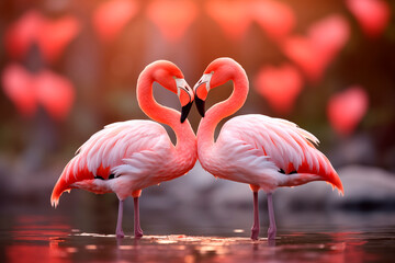 Naklejka premium Two pink flamingos form a heart shape with their necks against a blurred red backdrop.