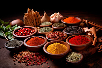 Various spices in bowls, offering an aromatic array of flavors for diverse culinary uses.