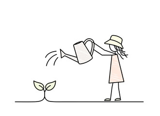 cute little girl is watering the plant, environment care, day of earth, save the nature, child work in the garden, gardening black line pencil drawn vector illustration © Liena