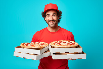 A happy delivery man in red uniform holding multiple pizza boxes, ready for service.