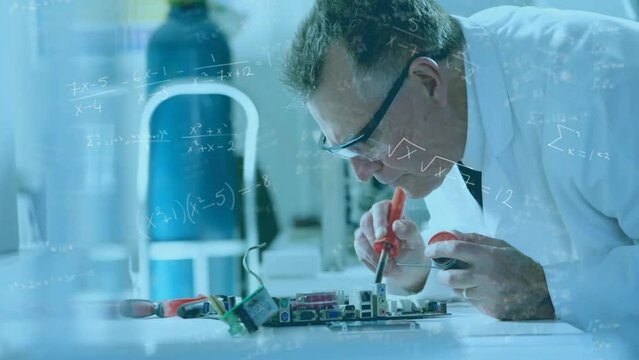 Animation of mathematical equations over caucasian male scientist working in lab