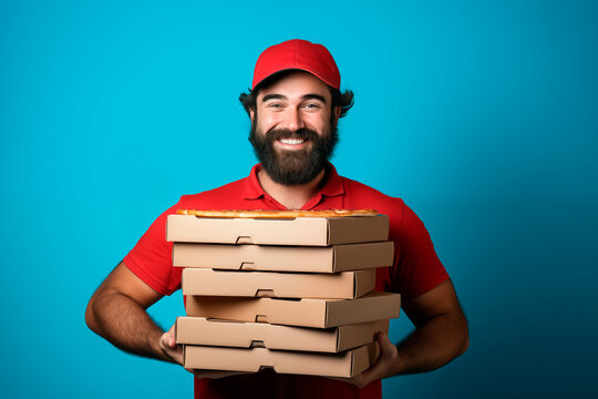 A happy delivery man in red uniform holding multiple pizza boxes, ready for service. - Powered by Adobe