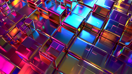 3D rendering of colorful neon cubical illuminated tiles of different lengths forming a mosaic background