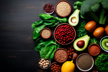 An assortment of nutritious foods with nuts, seeds, fruits, and green vegetables on a dark surface.