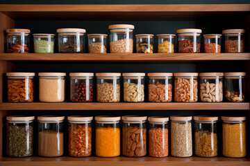 A well-organized pantry with labeled containers, glass jars, and fresh produce on wooden shelves.