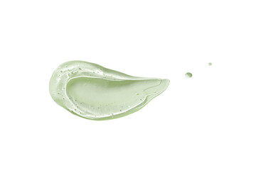 Cosmetic  green transparent gel serum swatch with bubbles isolated on wite background. Texture moisturizing gel of aloe vera closeup.
