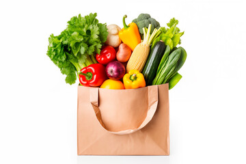 A paper bag full of fresh, colorful vegetables representing healthy food shopping.