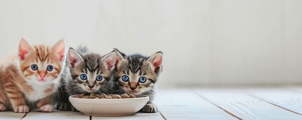 Adorable Kittens with Mesmerizing Blue Eyes Gathered Around a Food Bowl, focuses on camera, with copy space
