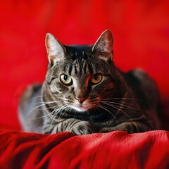 Fototapeta na wymiar a cat lying on a red surface