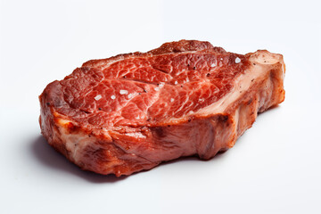 A raw marbled ribeye steak seasoned with salt, ready to be cooked.