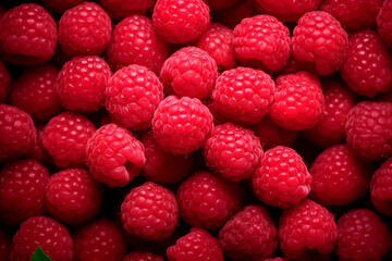 An abundance of ripe raspberries on a red background.