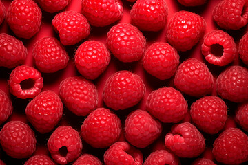 An abundance of ripe raspberries on a red background.