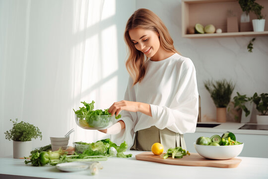 A woman is smiling while preparing a green salad in a bright kitchen setting.
