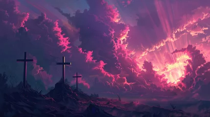 Tuinposter An ethereal landscape with three silhouetted crosses against a vibrant twilight sky, invoking a sense of spirituality and contemplation, emotional Easter narrative © netrun78