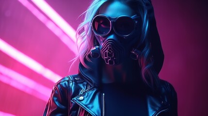Cyberpunk girl in leather hoodie jacket wears gas mask with protective glasses