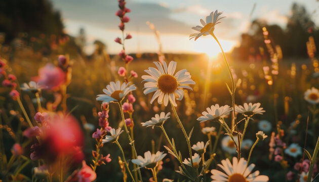 Photo of flowers in the field during golden hour, flowers during golden hour, golden hour field