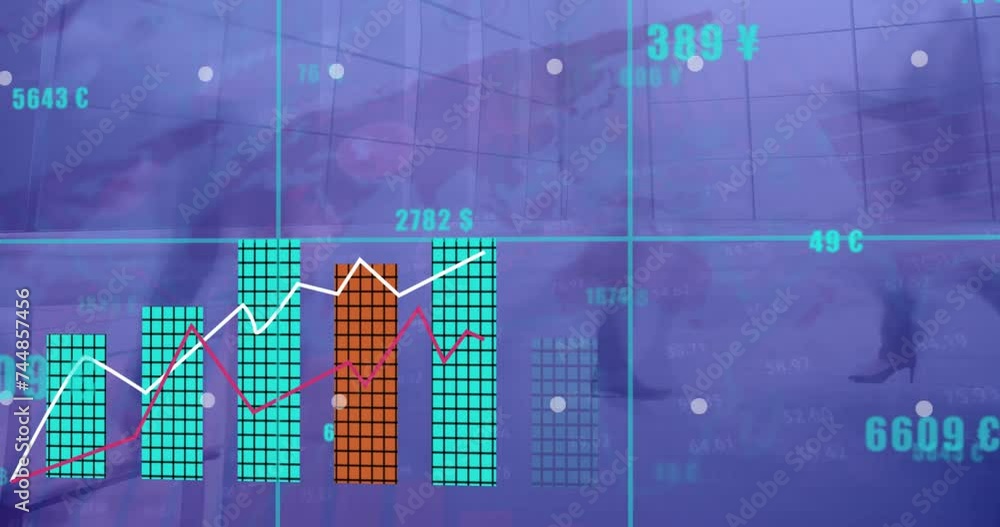 Poster animation of financial data processing over world map and people walking