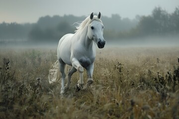 Obraz na płótnie Canvas white horse running on the meadow