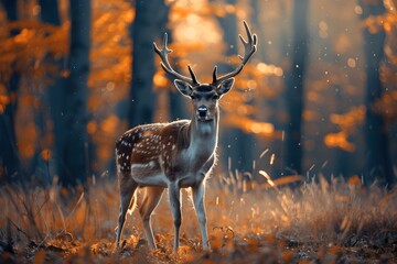 deer passing through the forest - obrazy, fototapety, plakaty