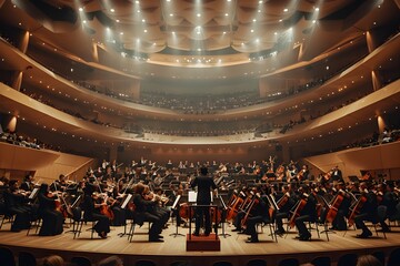 A prestigious orchestra plays on a spacious stage.