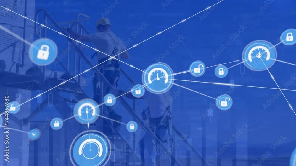 Aufkleber animation of network of connections with icons and data processing over diverse male workers