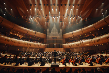 A prestigious orchestra plays on a spacious stage.