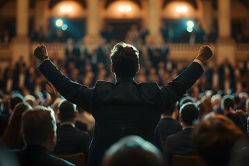 A man in a suit is clenching his fist and shouting in the crowd