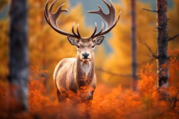 Naklejka na ściany i meble Majestic deer with large antlers standing alert in an autumnal forest with orange foliage.