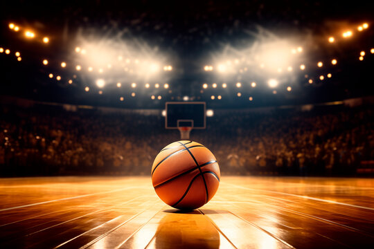 A basketball on a shiny court with a spotlight and stadium filled with fans in the background.