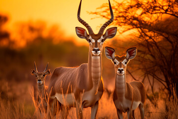 A serene family of antelopes with graceful horns against a golden sunset in the savannah, creating a tranquil scene. - obrazy, fototapety, plakaty
