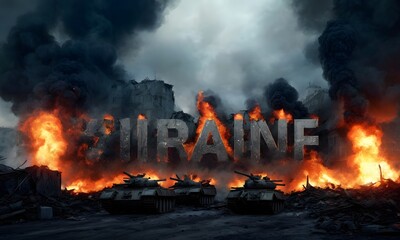 The bold letters Ukraine stand ablaze amidst the ruins, a powerful and harrowing representation of conflict and resilience.