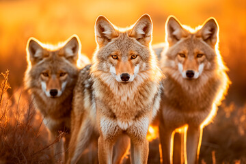 Three alert coyotes in a grassland at sunset, displaying intense gazes and harmonious presence in the warm light. - obrazy, fototapety, plakaty