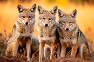 Fototapeta premium Three alert coyotes in a grassland at sunset, displaying intense gazes and harmonious presence in the warm light.