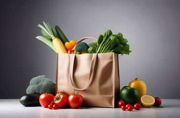 paper bag with vegetarian products and vegetables on a white table in a modern light kitchen