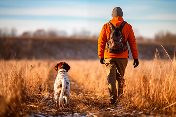 A man and his loyal dog walking together through a scenic field.