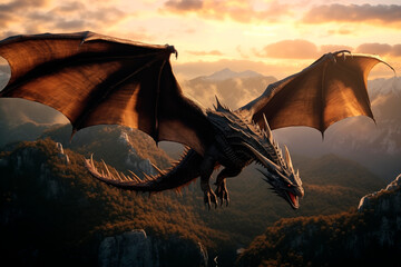 A formidable dragon soaring over mountainous terrain at sunset. - obrazy, fototapety, plakaty