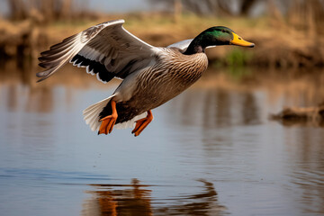 Obraz premium A mallard duck in mid-flight over water, showcasing spread wings and vibrant colors.