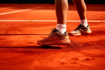 Close-up of tennis shoes on a red clay court, capturing the dynamic action of a player's feet during a match.