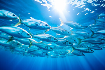 A school of silver fish swimming in the blue ocean with sunlight filtering through.