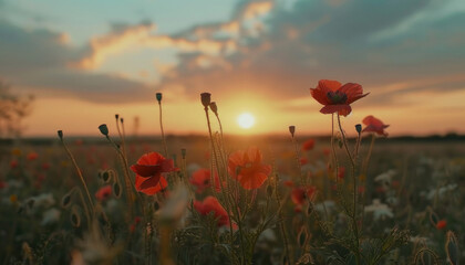 Obraz premium Photo of flowers in the field during golden hour, flowers during golden hour, golden hour field
