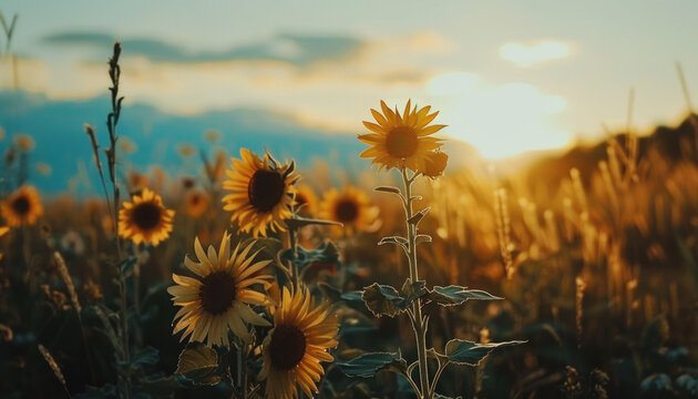 Photo of flowers in the field during golden hour, flowers during golden hour, golden hour field