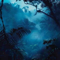 Fototapeta na wymiar a foggy forest with trees and plants