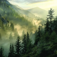 a foggy mountain landscape with trees and hills