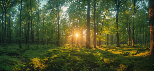 Fototapeta na wymiar Panoramic photo of morning light in a green forest
