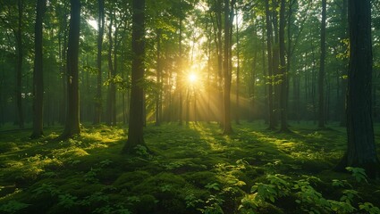 Panoramic photo of morning light in a green forest - obrazy, fototapety, plakaty