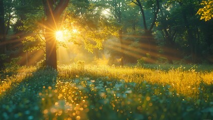 Panoramic photo of morning light in a green forest - obrazy, fototapety, plakaty