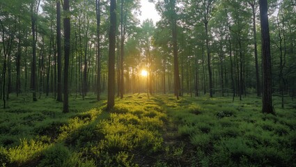 Fototapeta na wymiar Panoramic photo of morning light in a green forest
