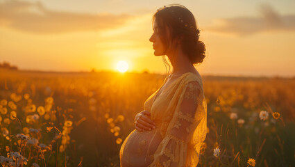 Portrait of a beautiful pregnant woman in a sheer dress at sunset - obrazy, fototapety, plakaty