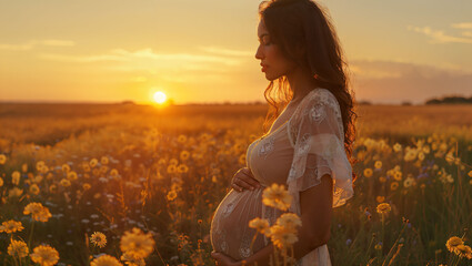 Portrait of a beautiful pregnant woman in a sheer dress at sunset