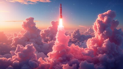 Pink rocket rising into the sky - obrazy, fototapety, plakaty